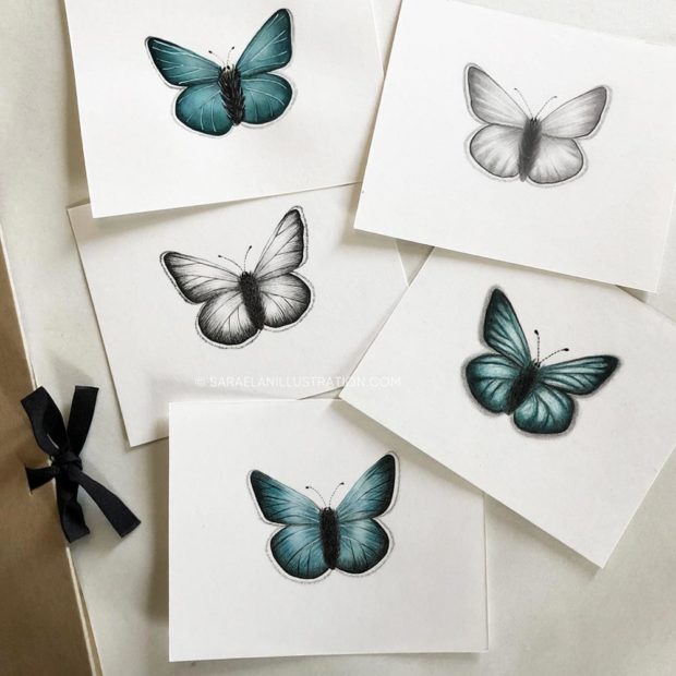 Farfalle azzurre disegnate in modo diverso