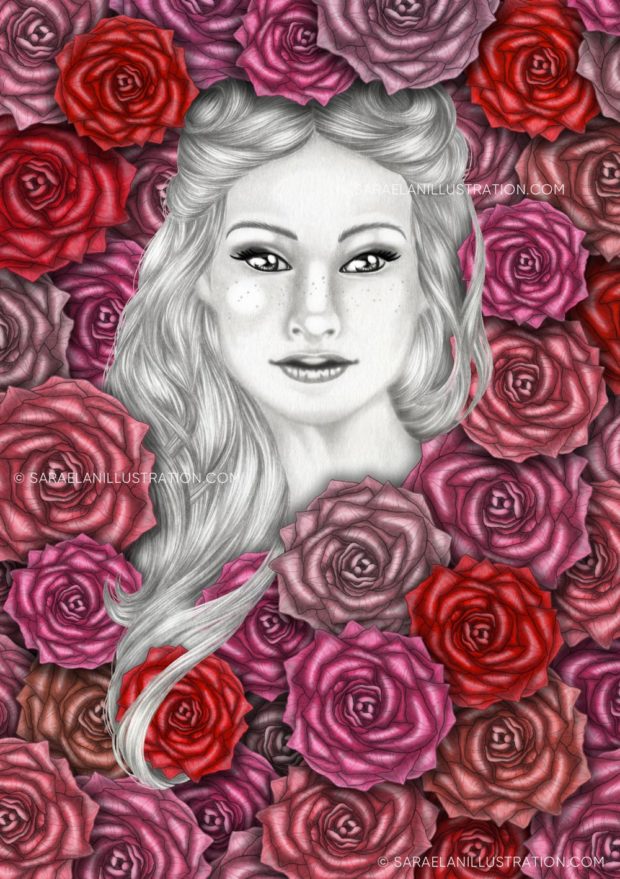 Ragazza immersa nelle rose - disegni e illustrazioni di Sara Elan Donati - Saraelan illustration