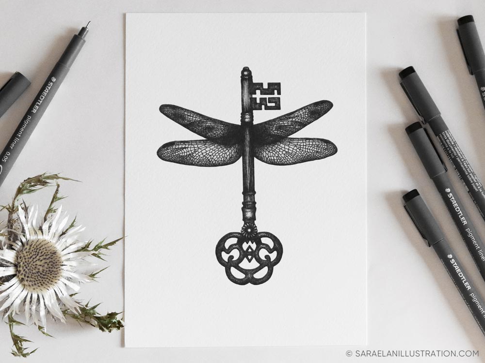 Chiave con ali di libellula - disegni di paradossi di Sara Elan Donati - Saraelan illustration