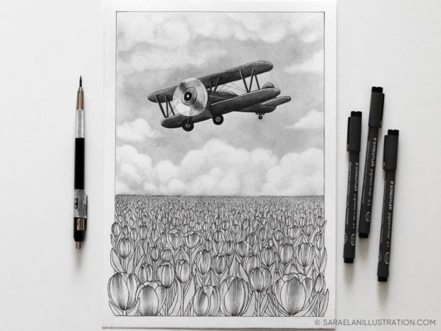 Deus ex Machina -illustrazioni di paesaggi naturali con mezzi di trasporto dei primi del 900 - Disegno originale fatto a mano con aeroplano vintage in matita e inchiostro