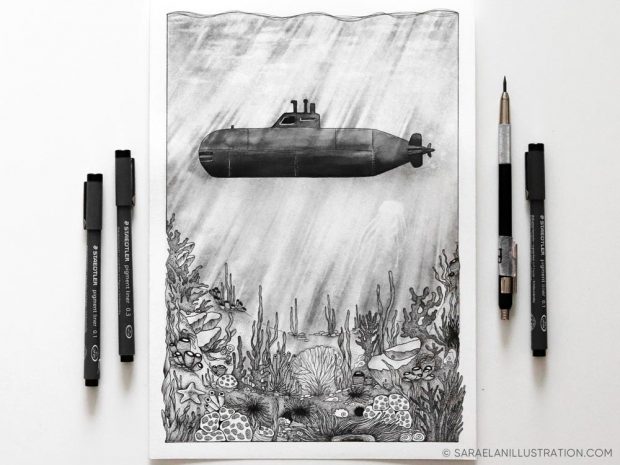 Deus ex Machina -illustrazioni di paesaggi naturali con mezzi di trasporto dei primi del 900 - Disegno originale fatto a mano con sottomarino vintage in matita e inchiostro in vendita