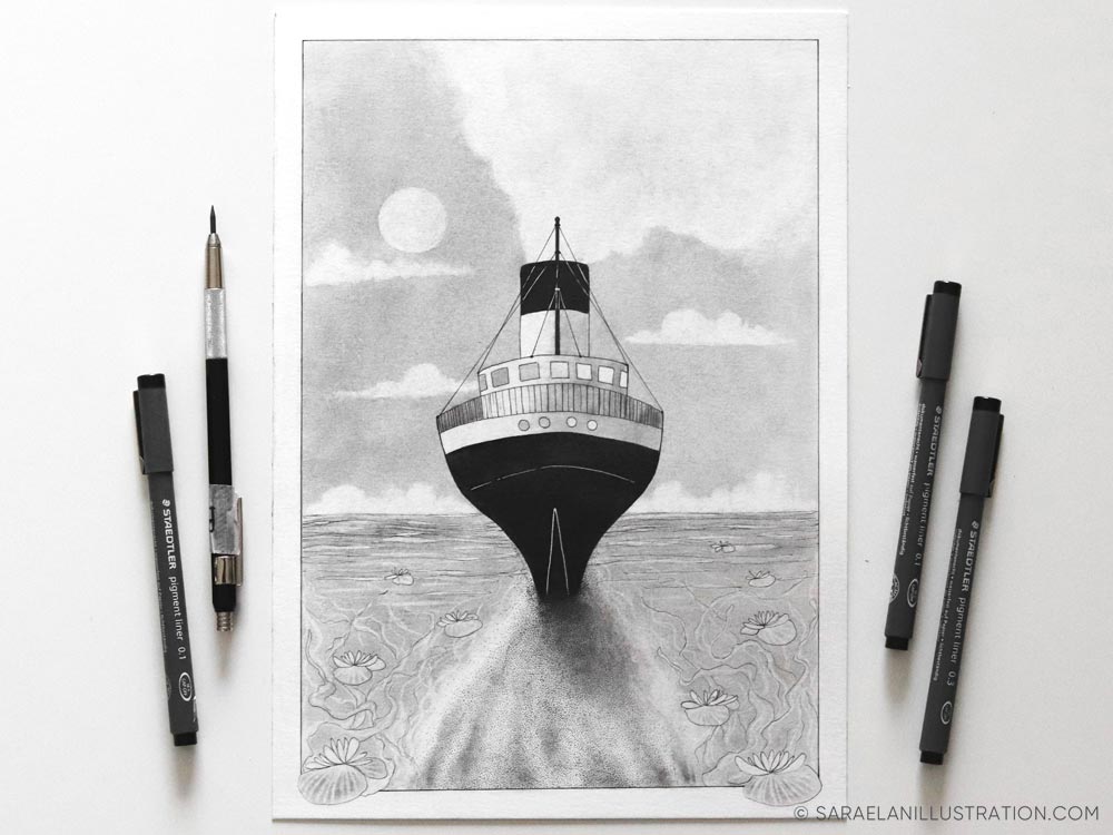 Deus ex Machina -illustrazioni di paesaggi naturali con mezzi di trasporto dei primi del 900 - Disegno originale fatto a mano con nave vintage in matita e inchiostro 