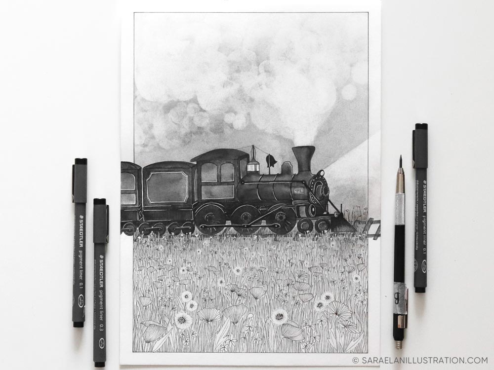 Deus ex Machina -illustrazioni di paesaggi naturali con mezzi di trasporto dei primi del 900 - Disegno originale fatto a mano con locomotiva vintage in matita e inchiostro 