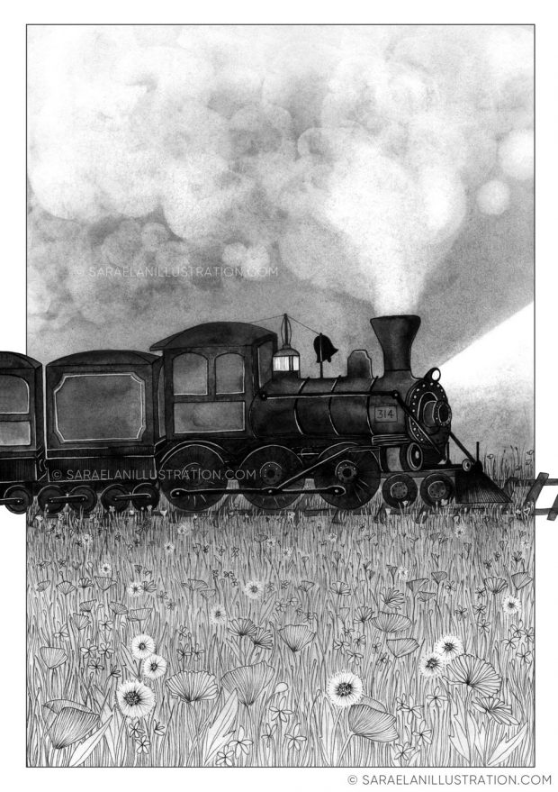 Deus ex Machina -illustrazioni di paesaggi naturali con mezzi di trasporto dei primi del 900 - locomotiva a vapore