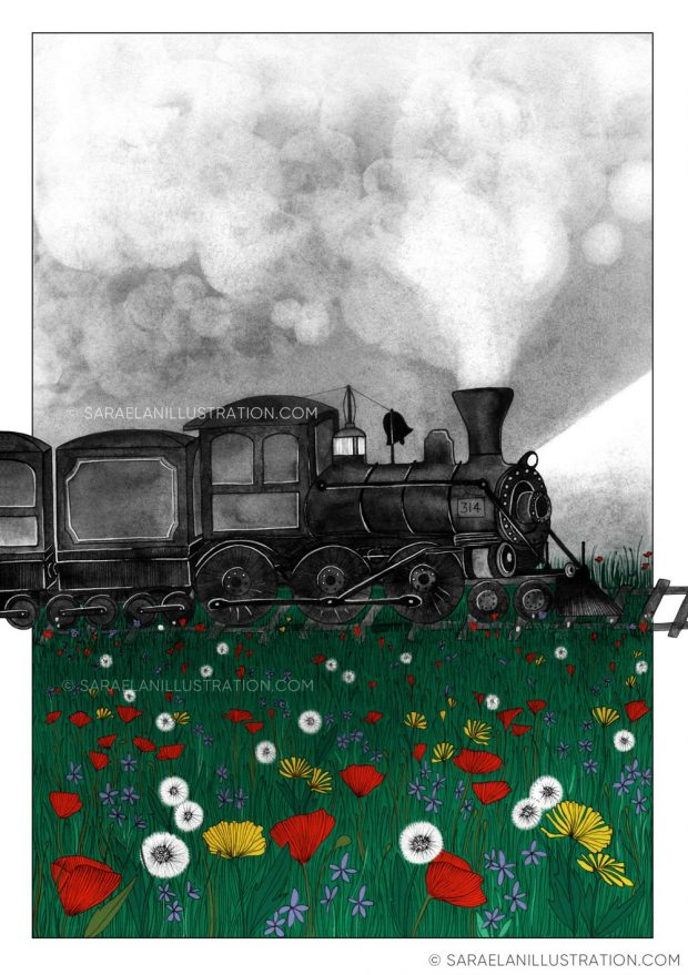 Deus ex Machina -illustrazioni di paesaggi naturali con mezzi di trasporto dei primi del 900 - treno a vapore in campo di fiori
