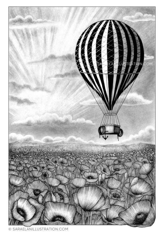 Deus ex Machina -illustrazioni di paesaggi naturali con mezzi di trasporto dei primi del 900 - mongolfiera su campo di papaveri