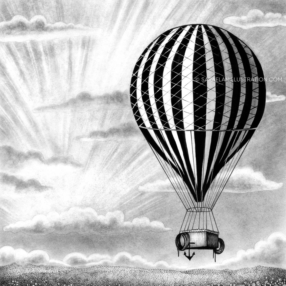 Illustrazione mongolfiera vintage a strisce bianche e nere 