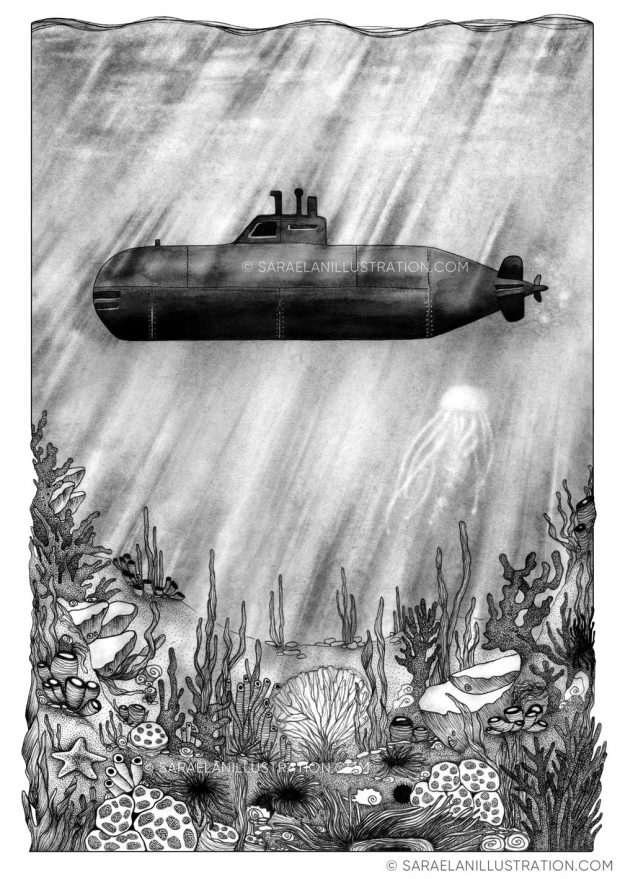 Deus ex Machina -illustrazioni di paesaggi naturali con mezzi di trasporto dei primi del 900 - sottomarino della guerra mondiale sotto il mare