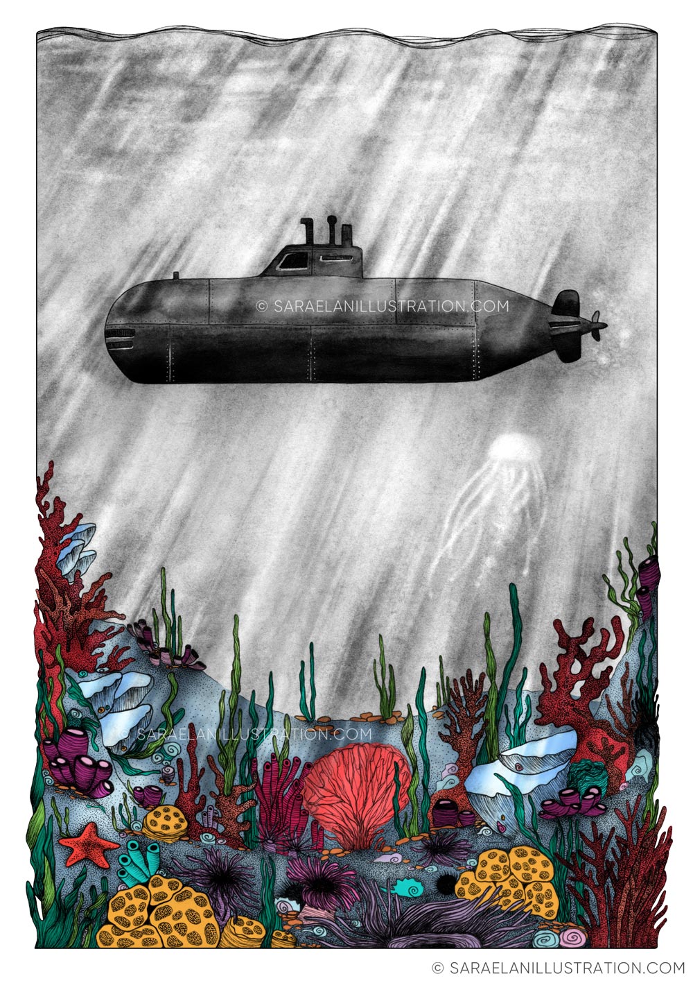 Deus ex Machina -illustrazioni di paesaggi naturali con mezzi di trasporto dei primi del 900 - sottomarino con fondale di coralli rosa 