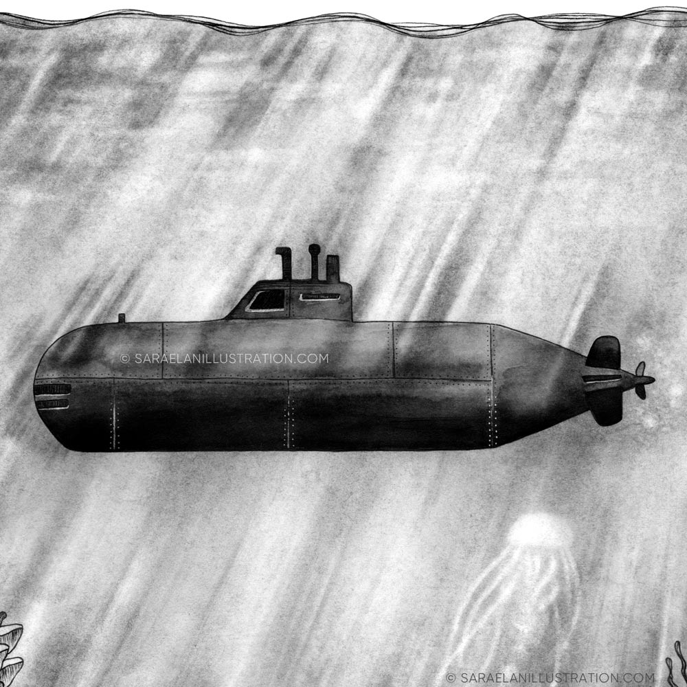 Illustrazione di sottomarino vintage sott'acqua