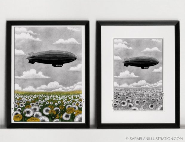 Stampa in bianco e nero e a colori di un dirigibile in volo su un campo di soffioni