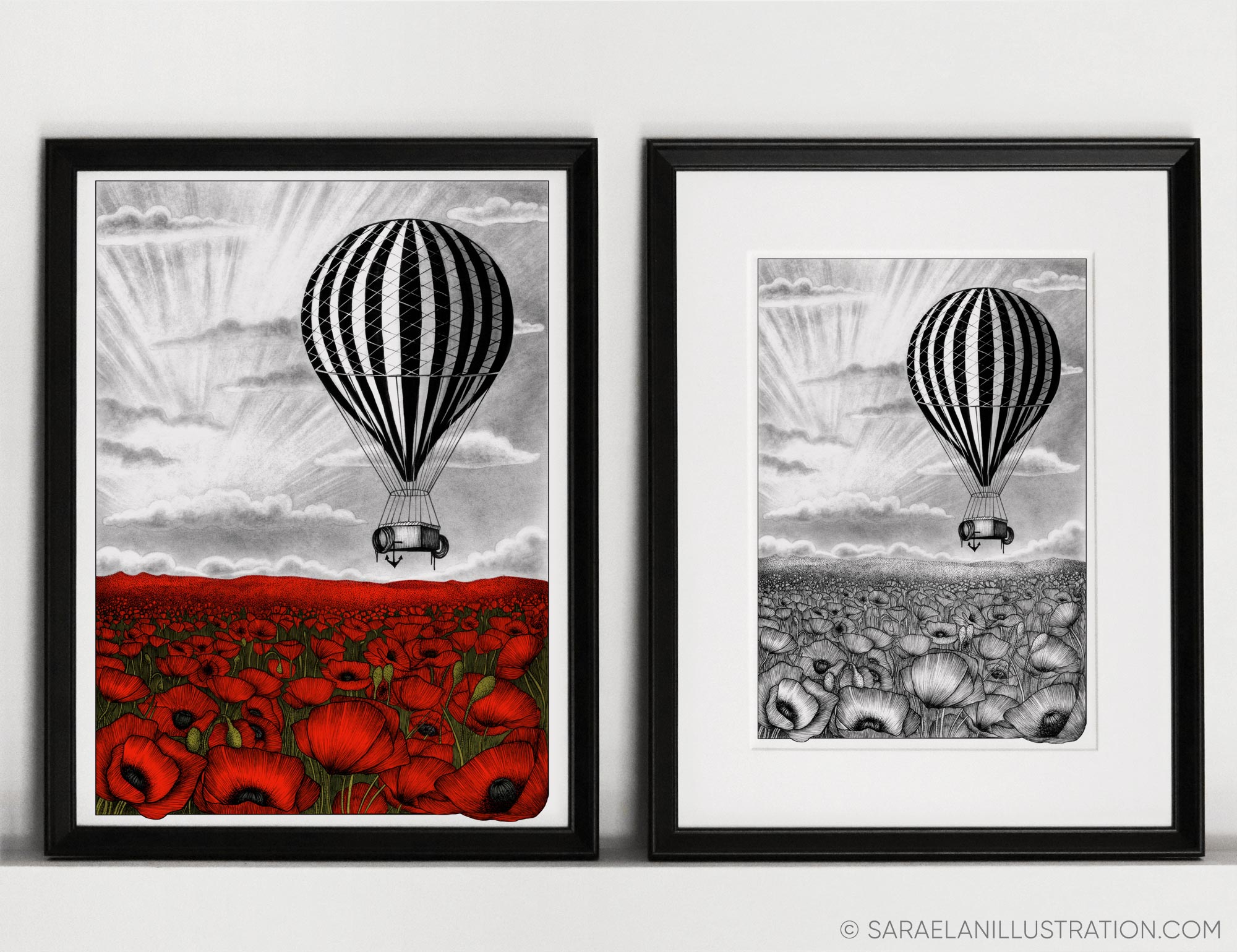 Stampa in bianco e nero e a colori di mongolfiera vintage in volo su un campo di papaveri