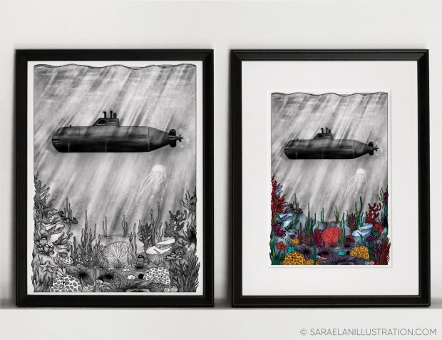 Stampa in bianco e nero e a colori di un sottomarino in navigazione sotto il mare