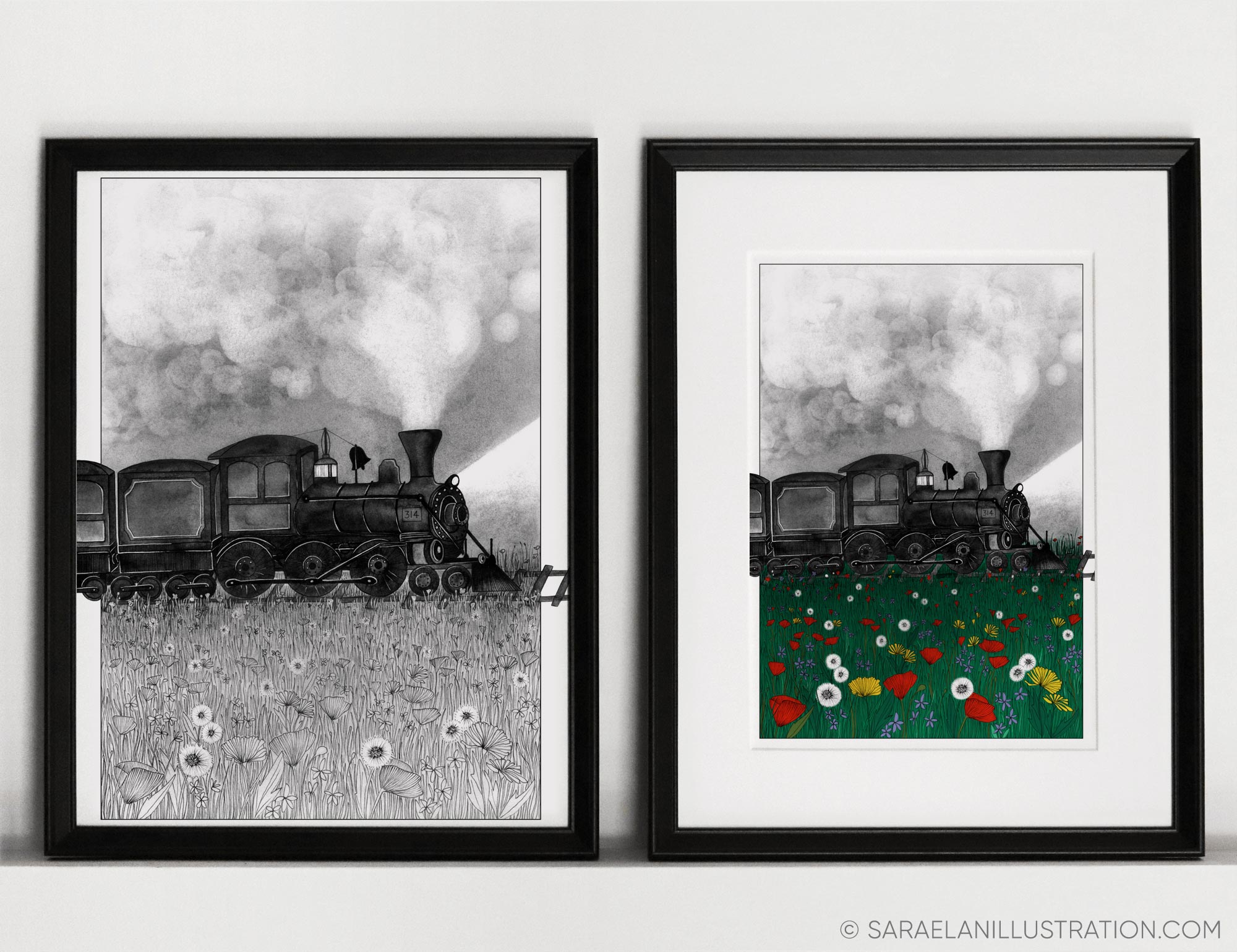 Stampa in bianco e nero e a colori di un treno a vapore in un campo di fiori