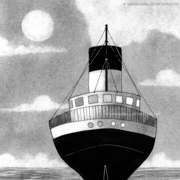 Illustrazione transatlantico a vapore in navigazione notturna