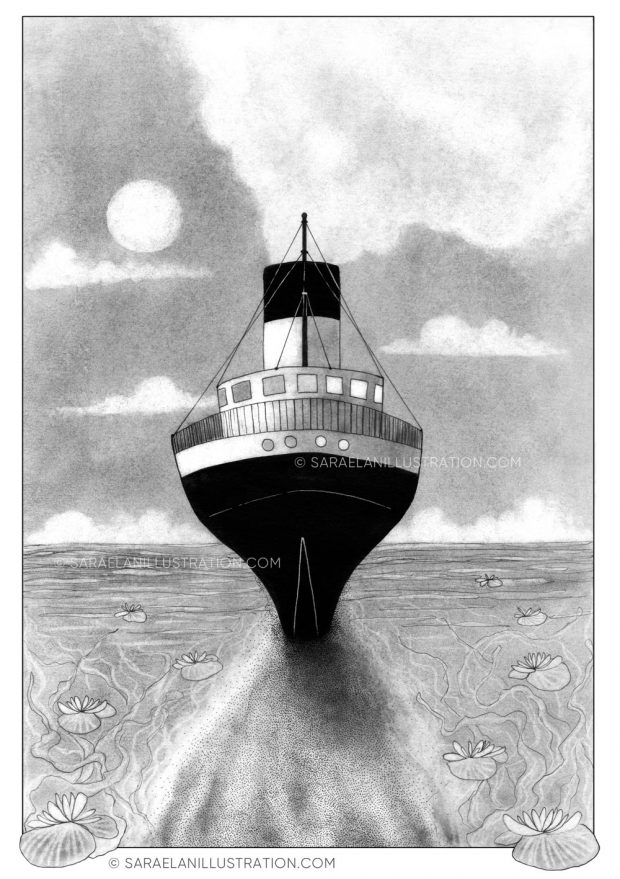 Deus ex Machina -illustrazioni di paesaggi naturali con mezzi di trasporto dei primi del 900 - transatlantico al chiaro di luna