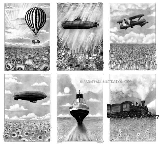 Deus ex Machina sei illustrazioni in bianco e nero di paesaggi con mezzi di trasporto vintage di inizio secolo