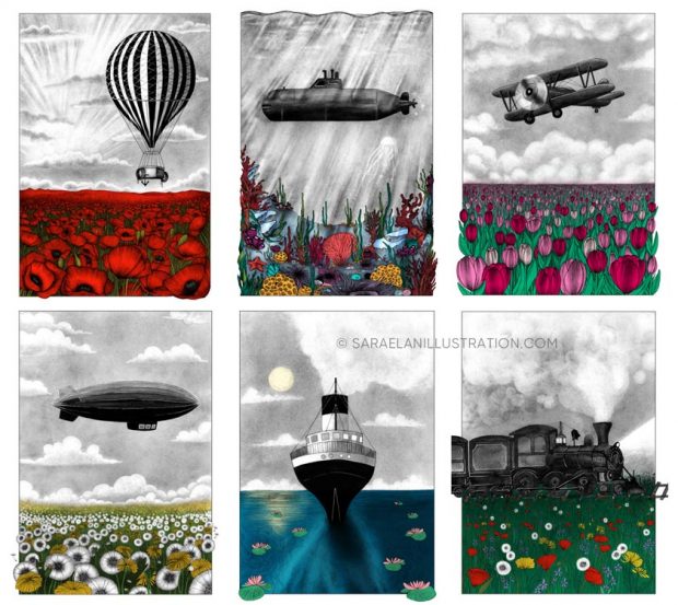 Deus ex Machina sei illustrazioni a colori di paesaggi con mezzi di trasporto vintage di inizio secolo
