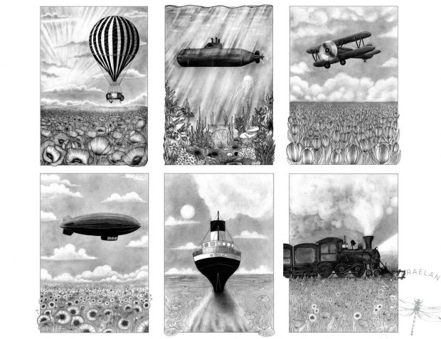 Deus ex Machina disegni di paesaggi e mezzi di trasporto del 1900 in bianco e nero in inchiostro e polvere di grafite