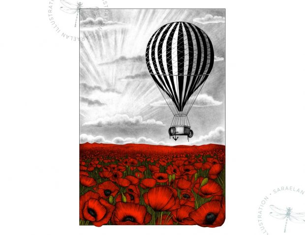 Deus ex Machina illustrazioni di paesaggi e mezzi di trasporto del 1900 a colori - mongolfiera vintage in volo su campo di papaveri rossi