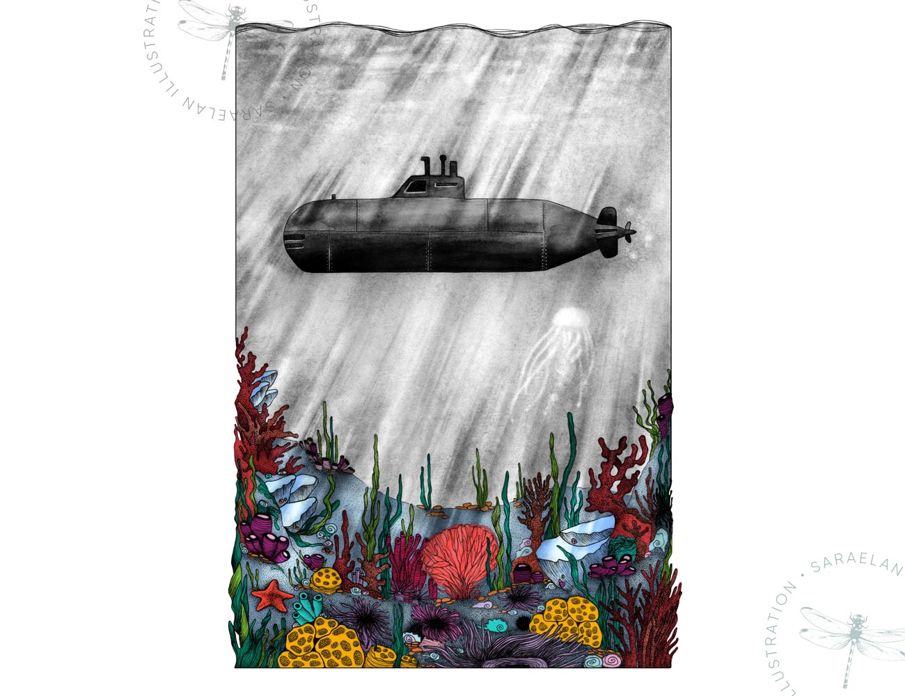 Deus ex Machina illustrazioni di paesaggi e mezzi di trasporto del 1900 a colori - sottomarino con fondale marino colorato