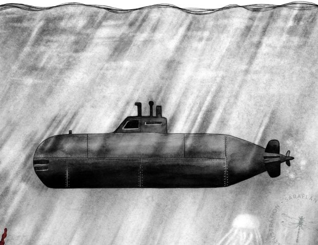 Deus ex Machina illustrazioni di paesaggi e mezzi di trasporto del 1900 a colori - sottomarino della guerra mondiale