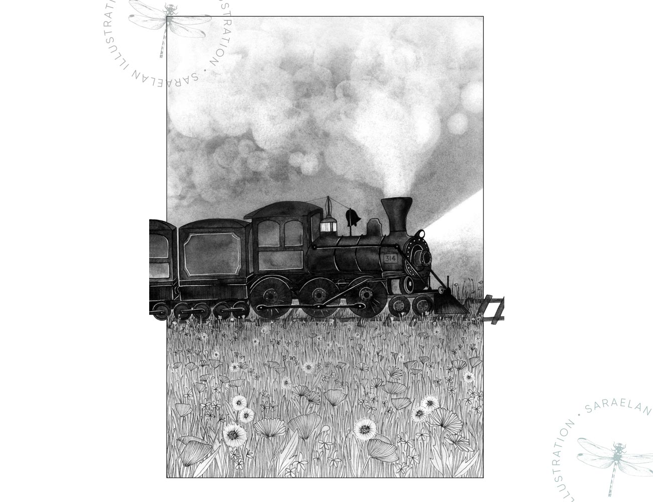 Deus ex Machina disegno di vecchio treno con locomotiva a vapore in bianco e nero in inchiostro e polvere di grafite