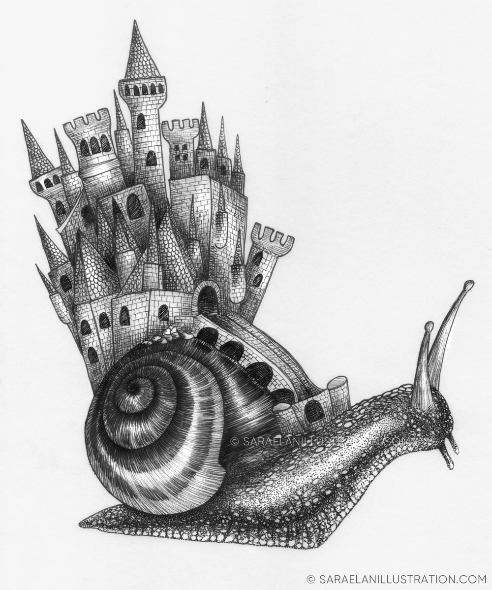 Disegni Inktober 2023 giorno 14 CASTLE - disegno in inchiostro di una lumaca con un castello sul guscio