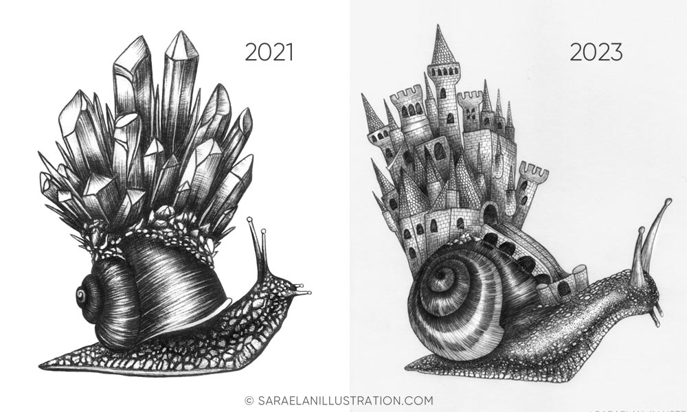 Disegni in inchiostro di lumache con cristalli e castelli sul guscio - comparazione tra 2021 e 2023