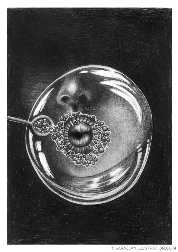 Disegno in penna nera BIC di bambina che fa una bolla di sapone