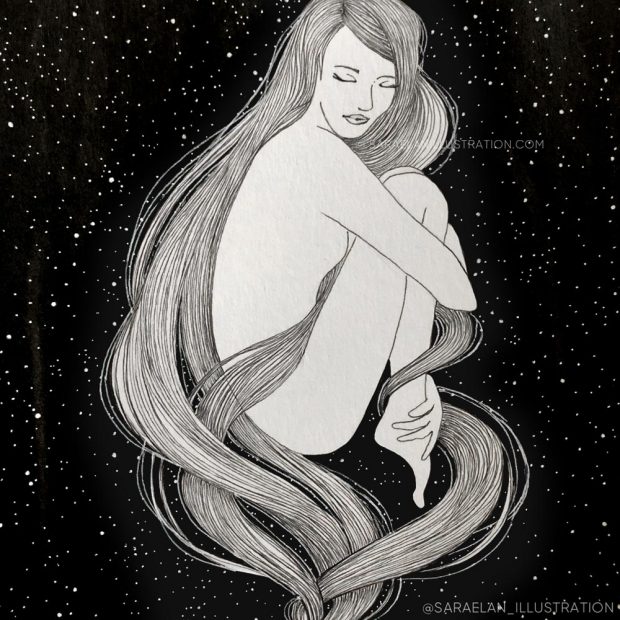 Illustrazione in inchiostro di ragazza sospesa nel cielo stellato come un palloncino