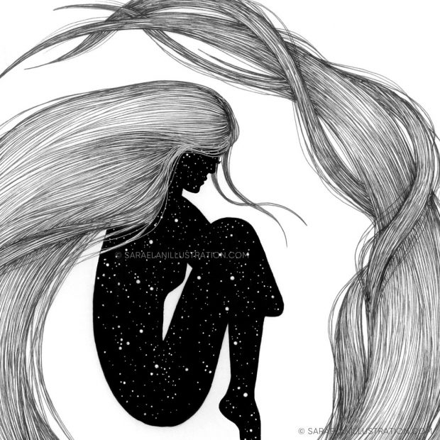 Illustrazione in inchiostro di ragazza sospesa col corpo fatto di cielo stellato e i capelli che formano un cerchio