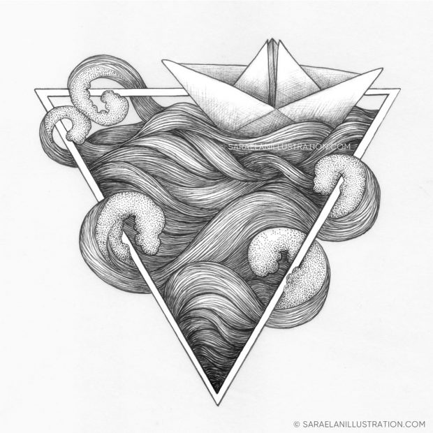 Disegni Inktober 2023 giorno 24 SHALLOW - disegno in inchiostro del simbolo alchemico dell'acqua con barchetta origami