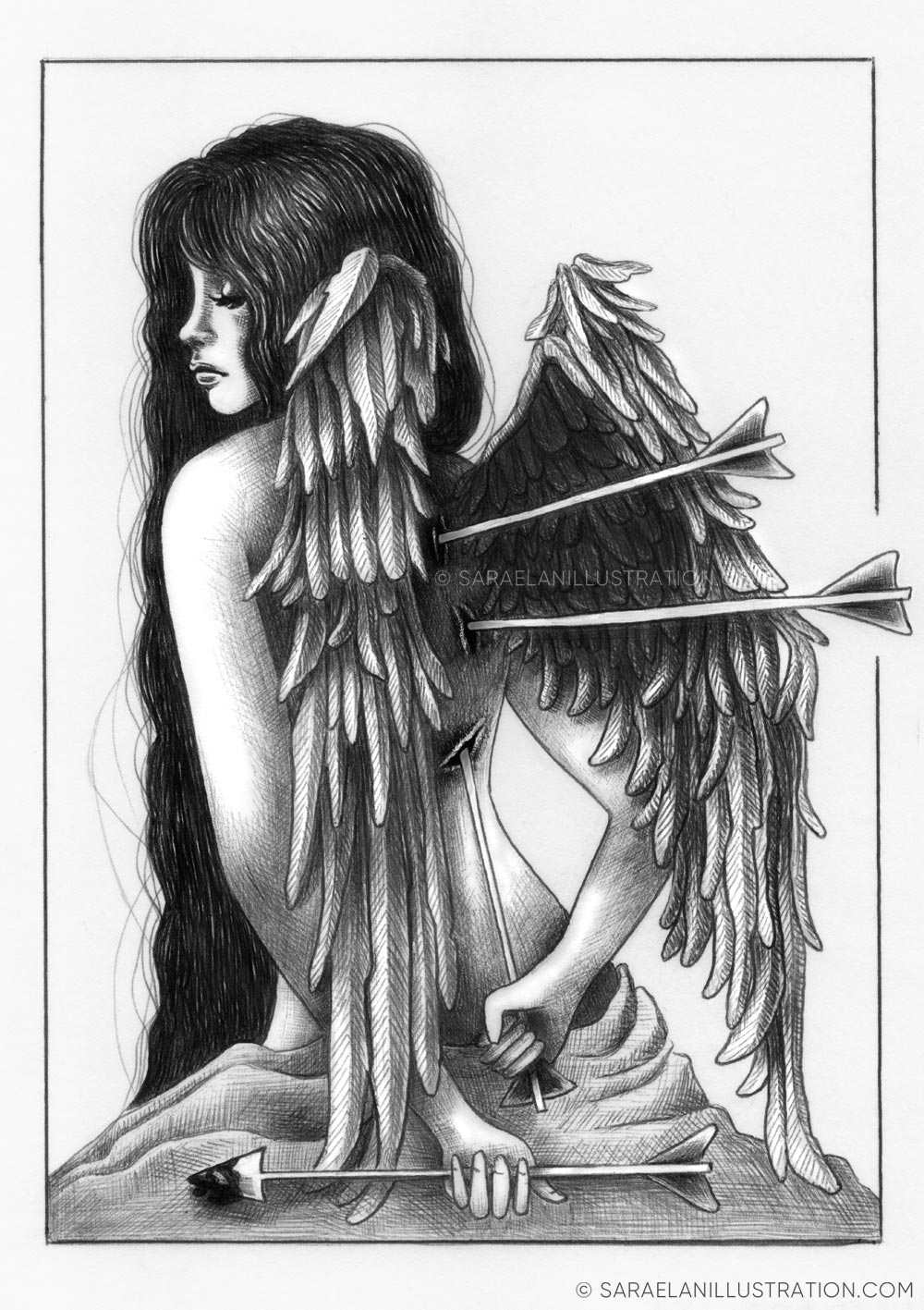 Disegni Inktober 2023 giorno 26 REMOVE - disegno in penna nera di un'angelo con le frecce conficcate nella schiena tra le ali