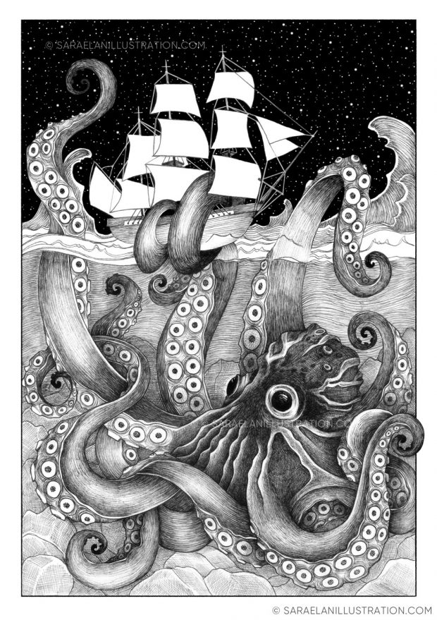Disegni Inktober 2023 giorno 27 BEAST - disegno in inchiostro di un Kraken che cattura una nave