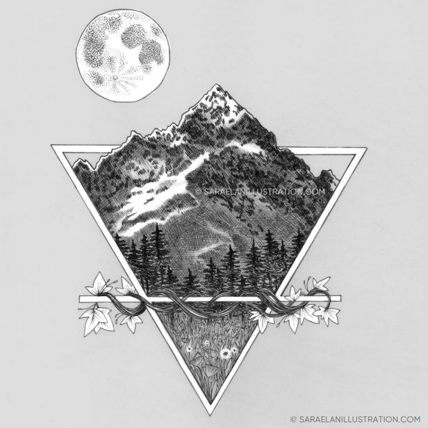 Disegni Inktober 2023 giorno 29 MASSIVE - disegno in inchiostro del simbolo alchemico della terra con montagna, prato, alberi e luna piena