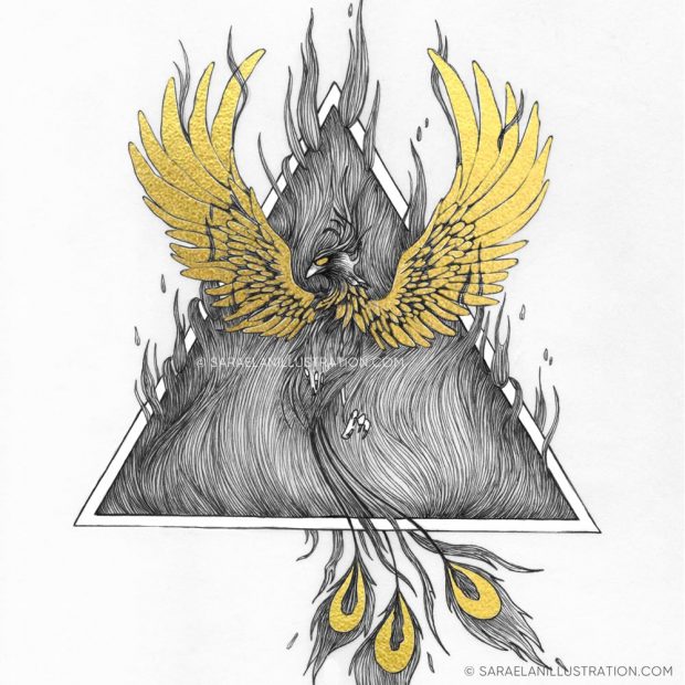 Disegni Inktober 2023 giorno 31 FIRE - disegno in inchiostro del simbolo alchemico del fuoco con fiamme e fenice dorata che risorge dalle ceneri