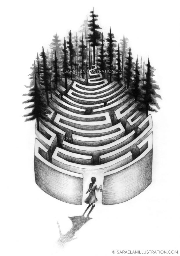 Disegni Inktober 2023 giorno 3 PATH - disegno in inchiostro di una ragazza all'ingresso di un labirinto nella foresta