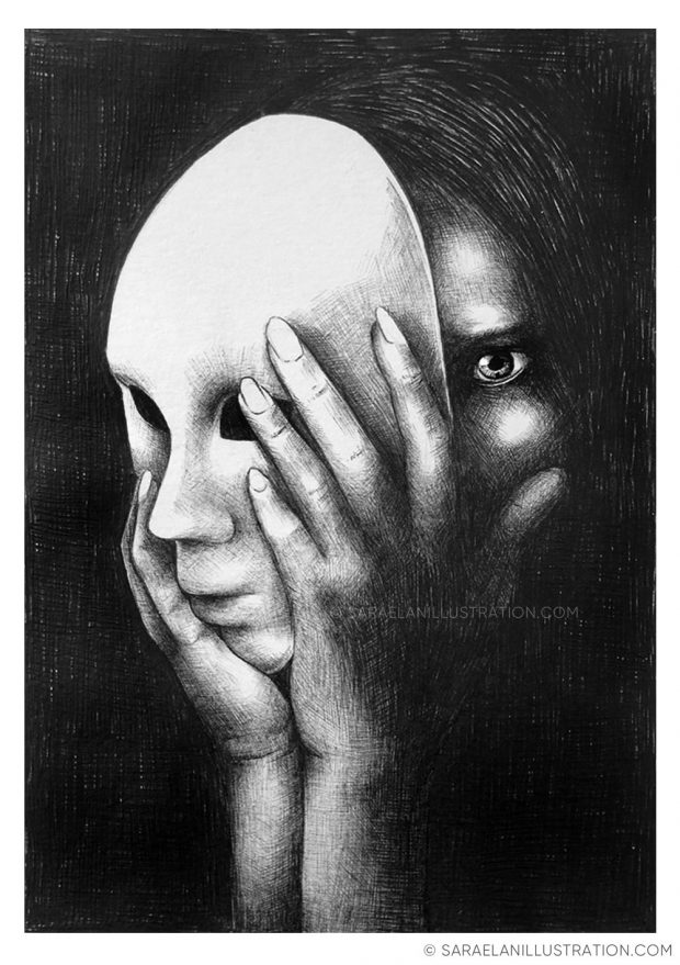 Disegno in penna nera BIC di donna che si nasconde dietro a una maschera da teatro
