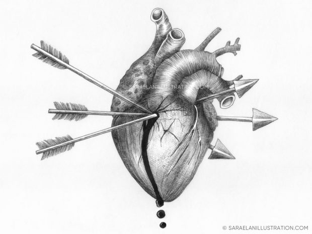 Disegni Inktober 2023 giorno 7 DRIP - disegno in inchiostro di cuore anatomico trafitto da tre frecce che sgocciola sangue