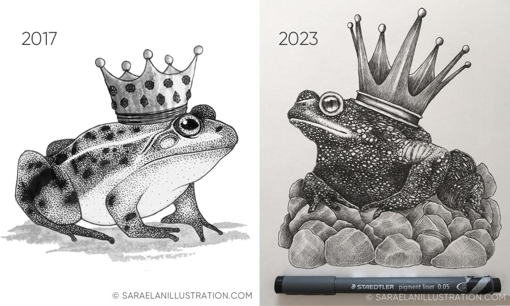 Disegni in inchiostro di rospi con corona da principe - comparazione tra 2017 e 2023