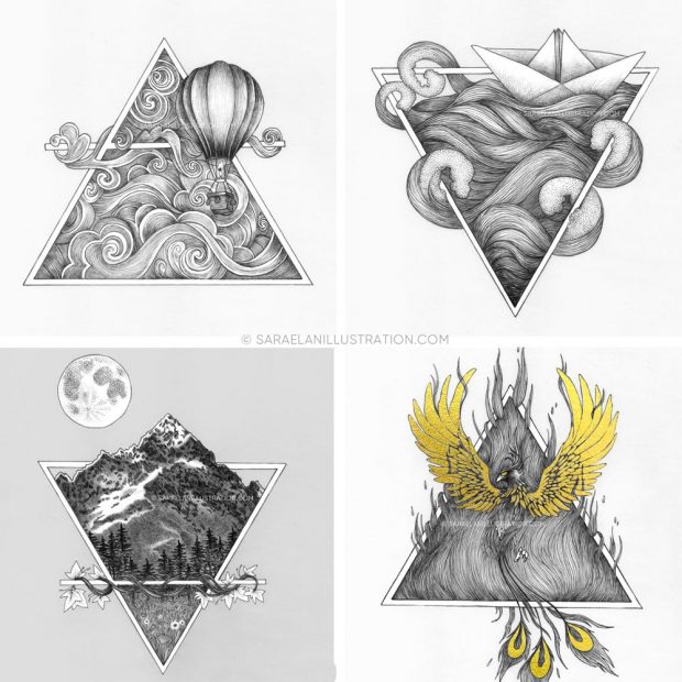 Illustrazioni dei quattro simboli alchemici di aria, acqua, terra e fuoco