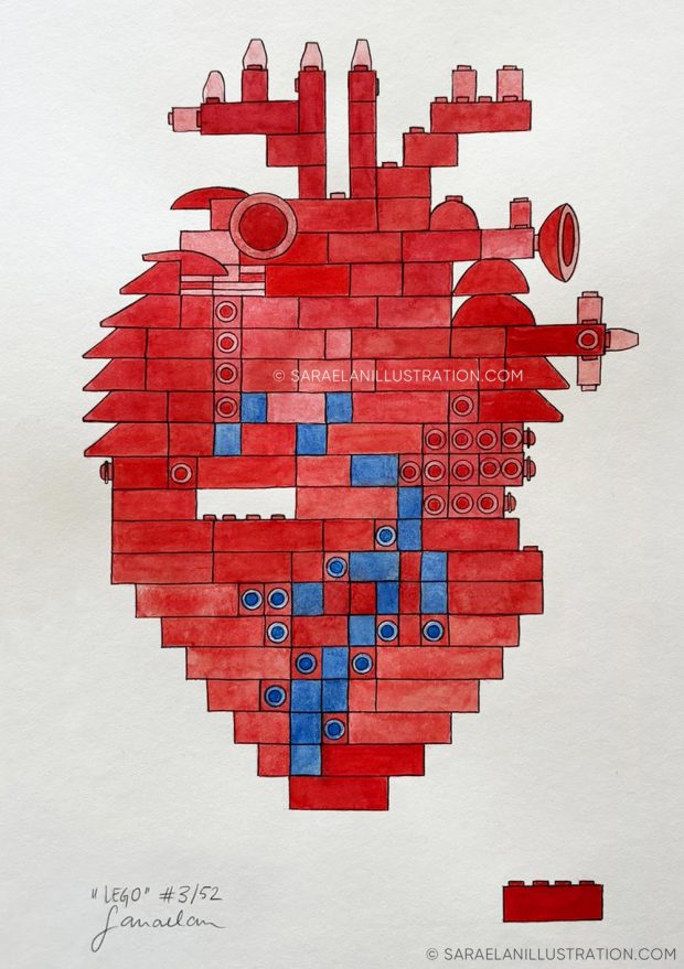 Disegno di un cuore anatomico fatto con veri pezzi di LEGO creato per Inktober52