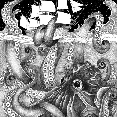 disegno kraken polpo gigante che cattura una nave con tentacoli disegnato con tratteggio e inchiostro
