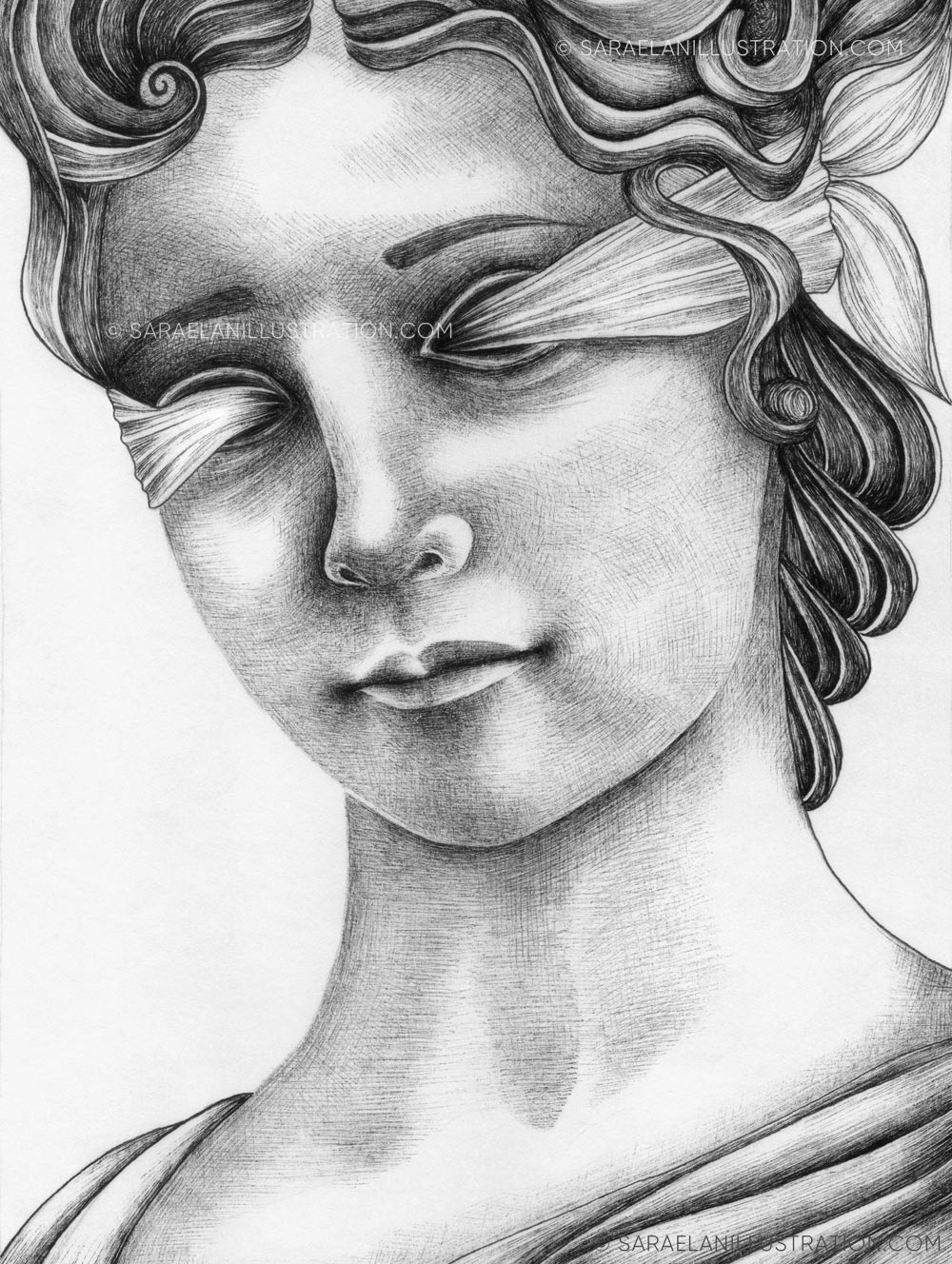 Disegno della dea Fortuna bendata in inchiostro tratteggio bianco e nero