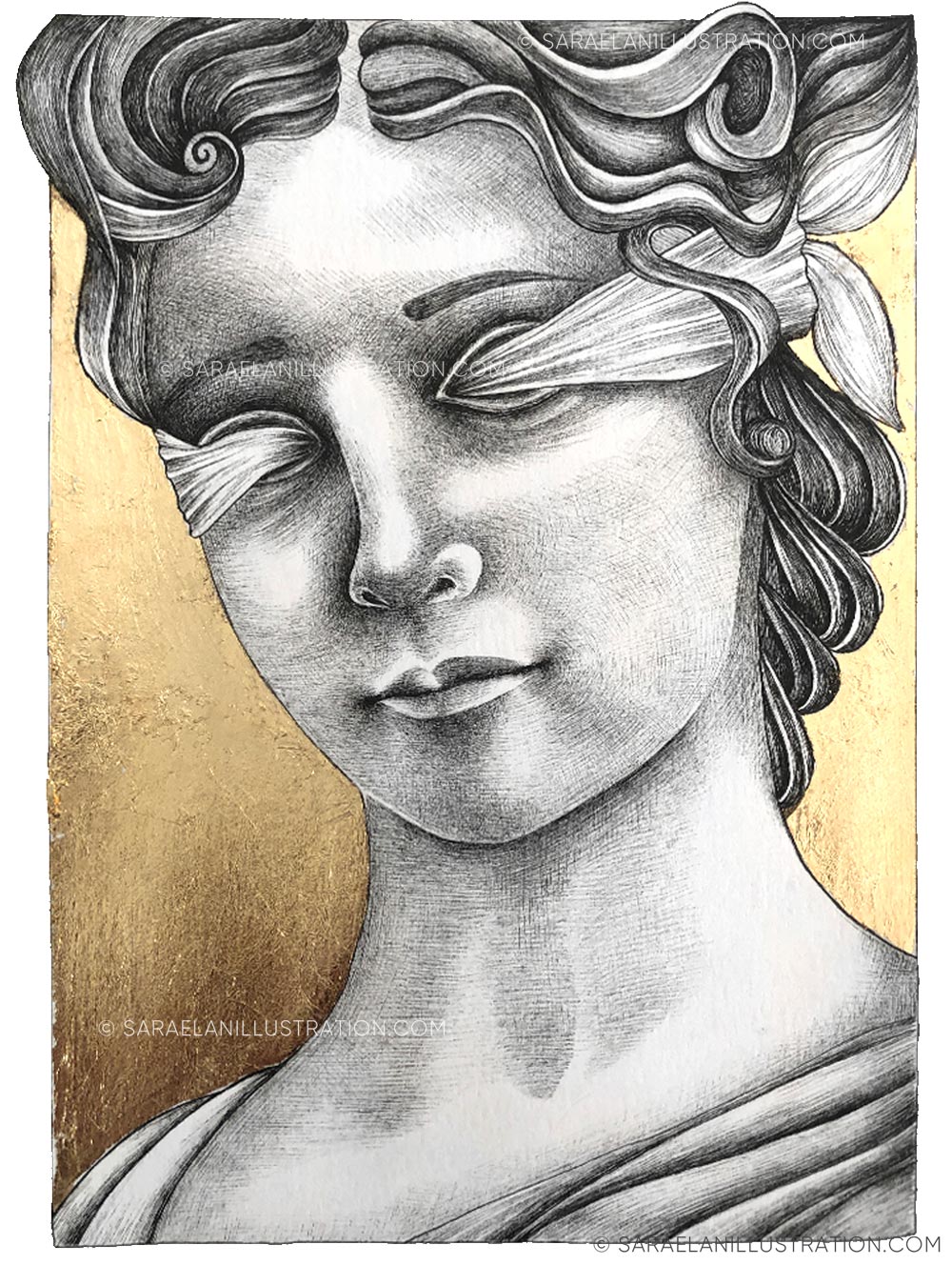 Disegno della dea Fortuna romana bendata con foglia oro