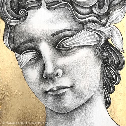 Disegno della dea romana Fortuna bendata