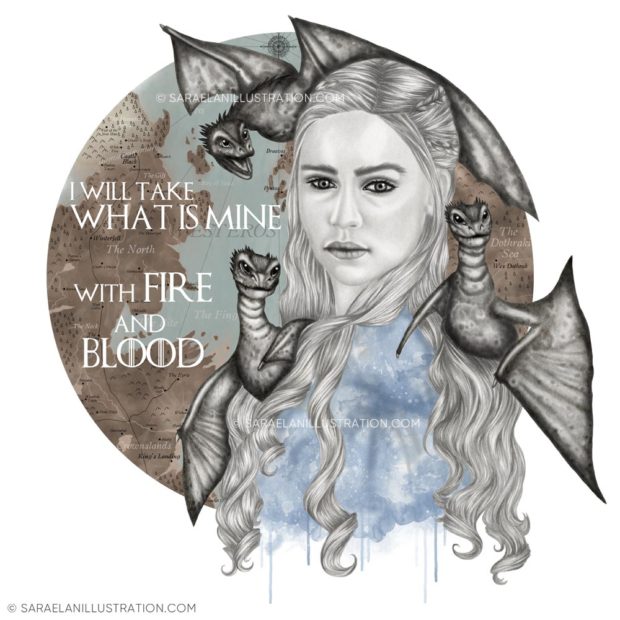 Disegno fan art di Daenery Targaryen khaleesi di Game of Thrones di Saraelan illustration