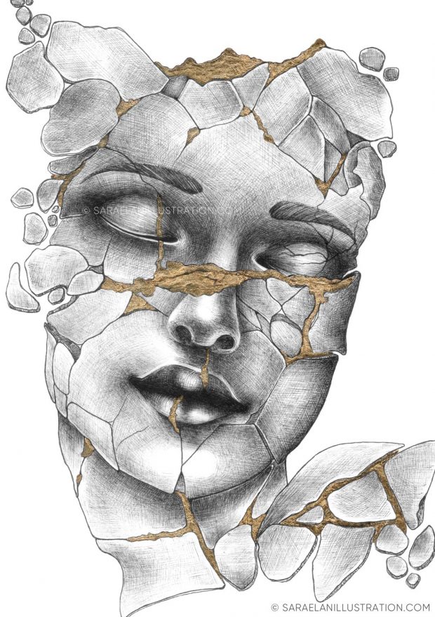 Disegno donna statua kintsugi con foglia oro