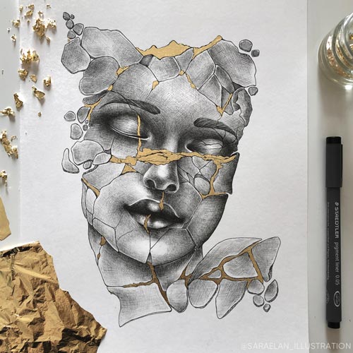 Disegno di donna Kintsugi con foglia oro